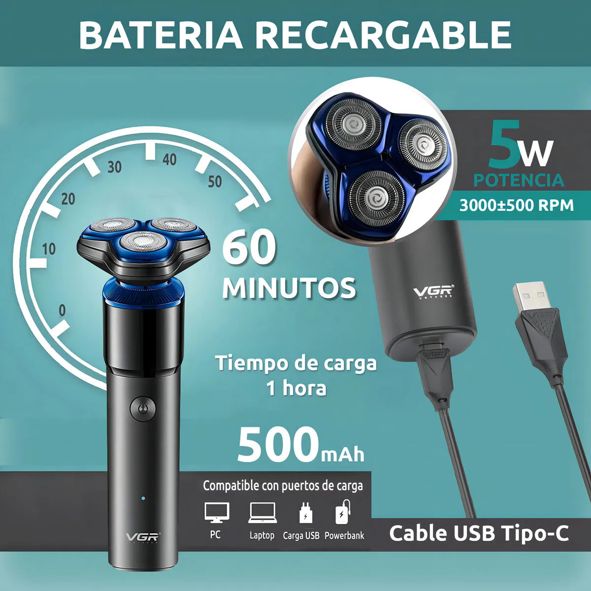 Afeitadora Eléctrica Hombre Shaver Vgr V-325 Recargable Color Negro y azul