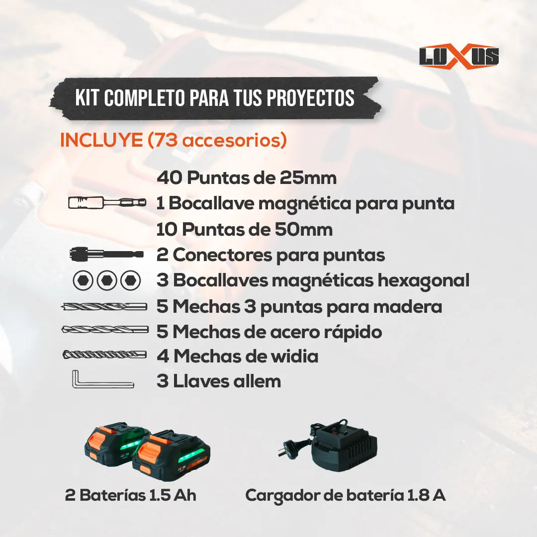 Taladro Atornillador Inalambrico Luxus 20v 10mm Brushed Kit con Accesorios 2 Baterias