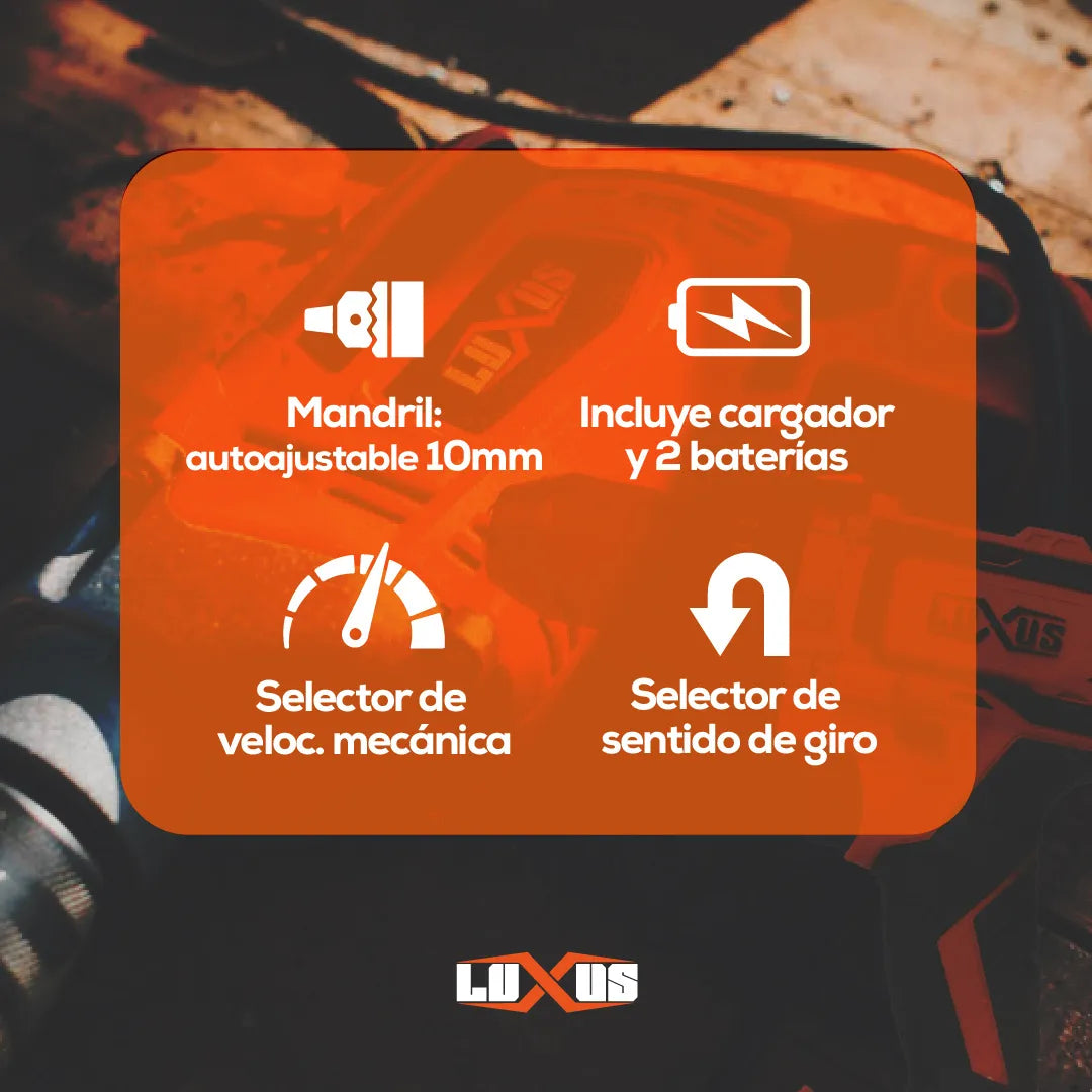 Taladro Atornillador Inalambrico Luxus 20v 10mm Brushed Kit con Accesorios 2 Baterias