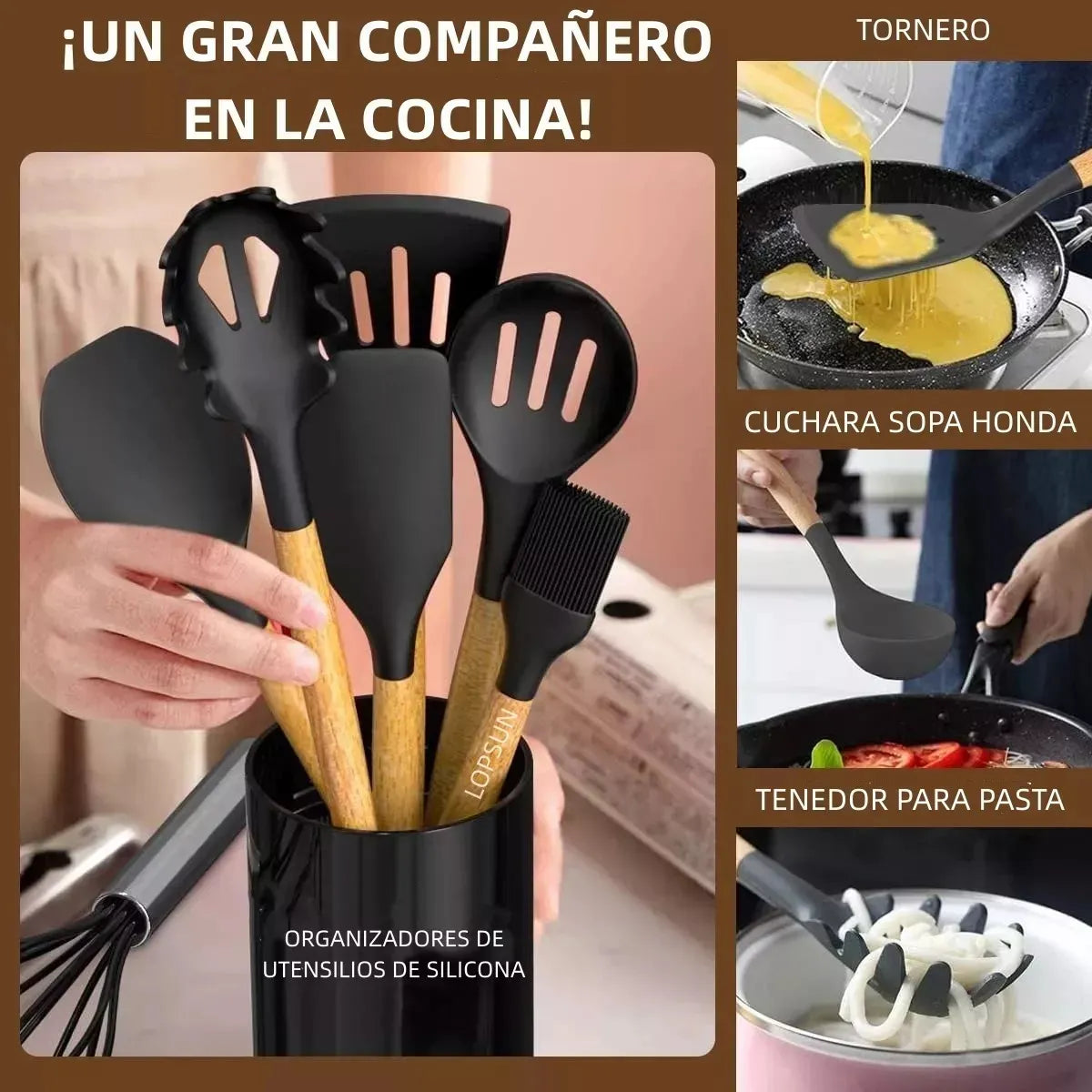 Kit X24 Utensilios De Cocina Filoshark Silicona Mango Madera