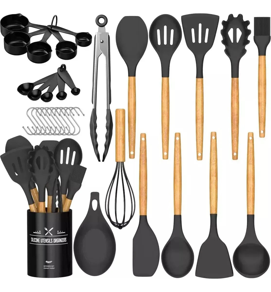 Kit X24 Utensilios De Cocina Filoshark Silicona Mango Madera