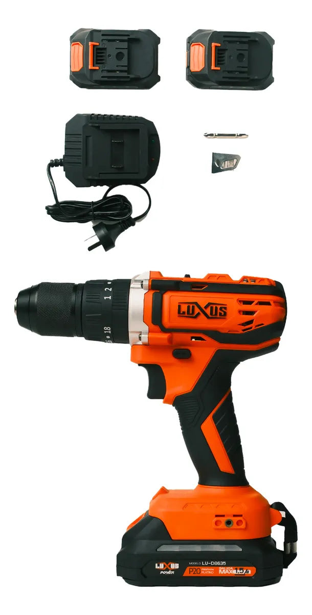 Taladro Atornillador Inalambrico Luxus 20v 10mm Brushed Kit con Accesorios 2 Baterias