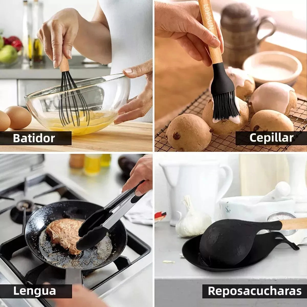 Kit X24 Utensilios De Cocina Filoshark Silicona Mango Madera